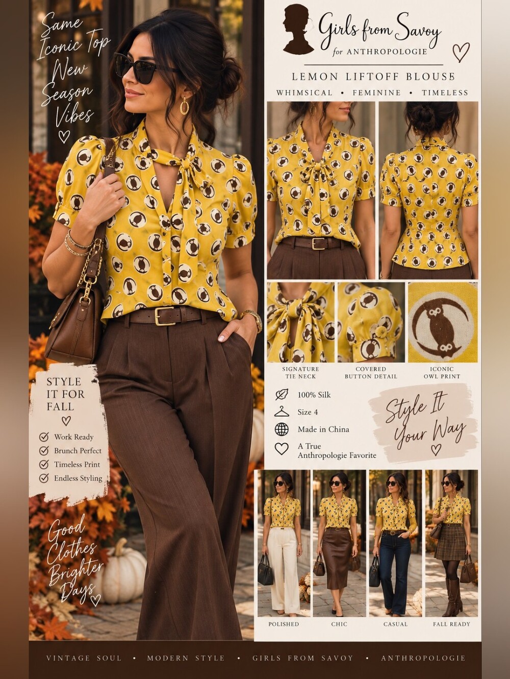 Anthropologie Girls From Savoy Lemon Liftoff Silk Owl Blouse Sz 4
